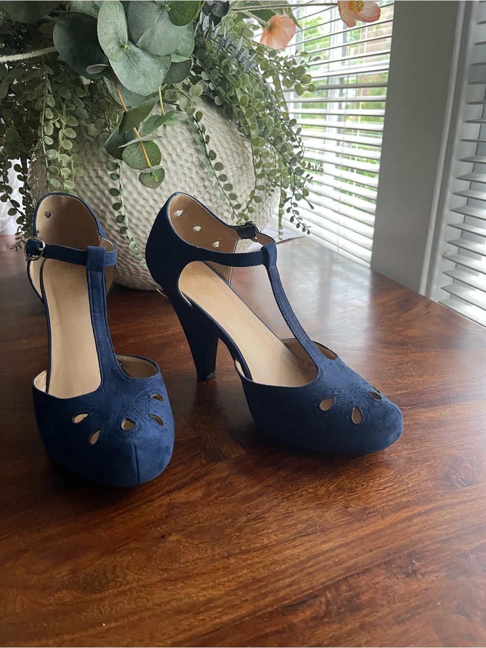Navy Retro T-Strap Heels - Microsuede - Size 10